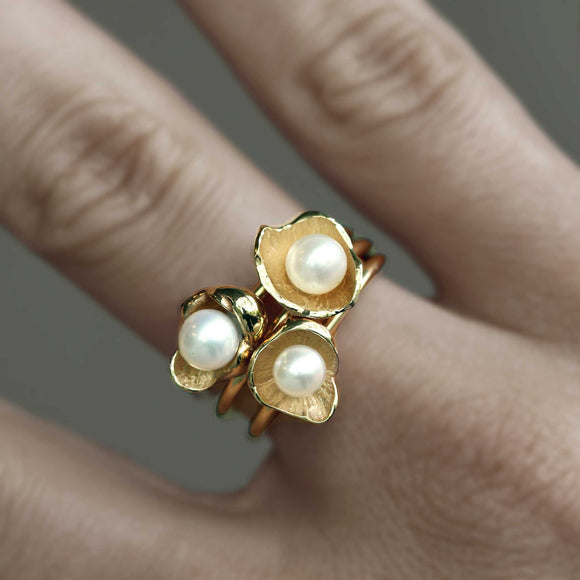 Sunken Treasure pearl ring stack in yellow gold