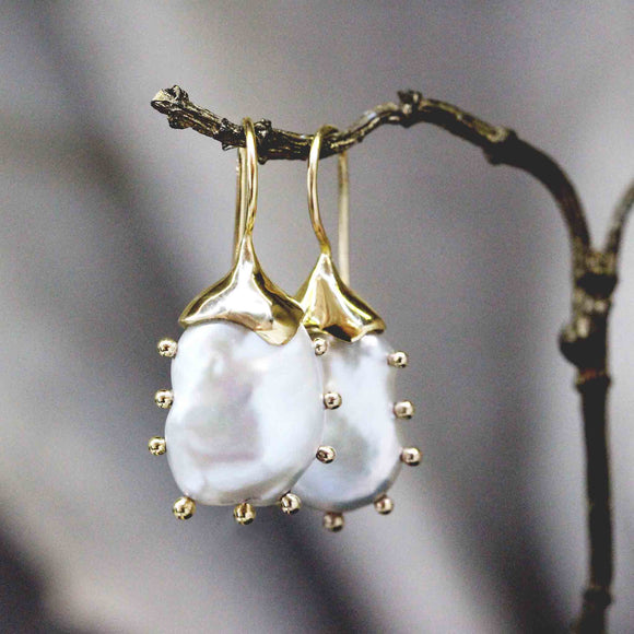 Studded freshwater baroque shape drop earrings