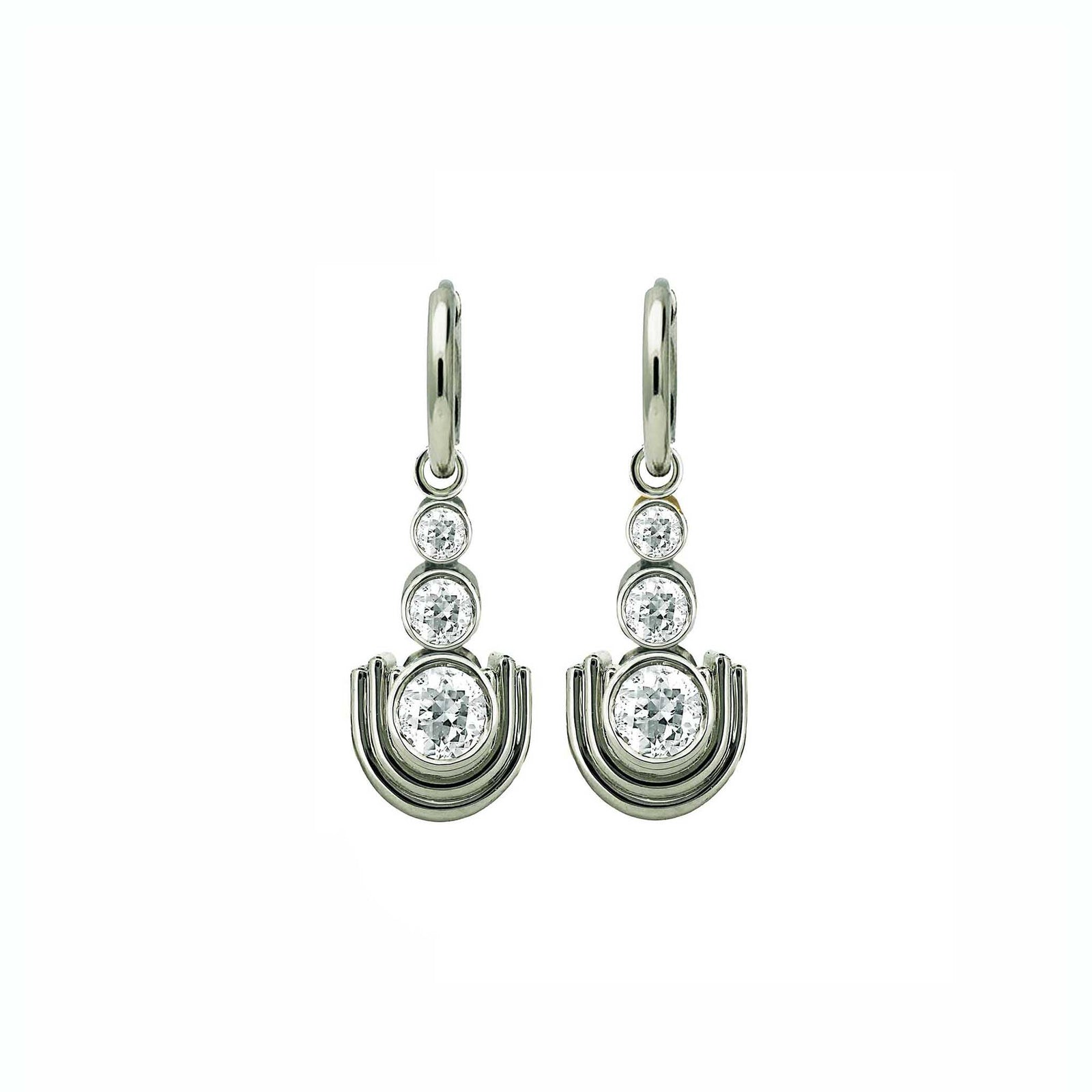 Pair of white gold earrings with multiple diamonds on a white background