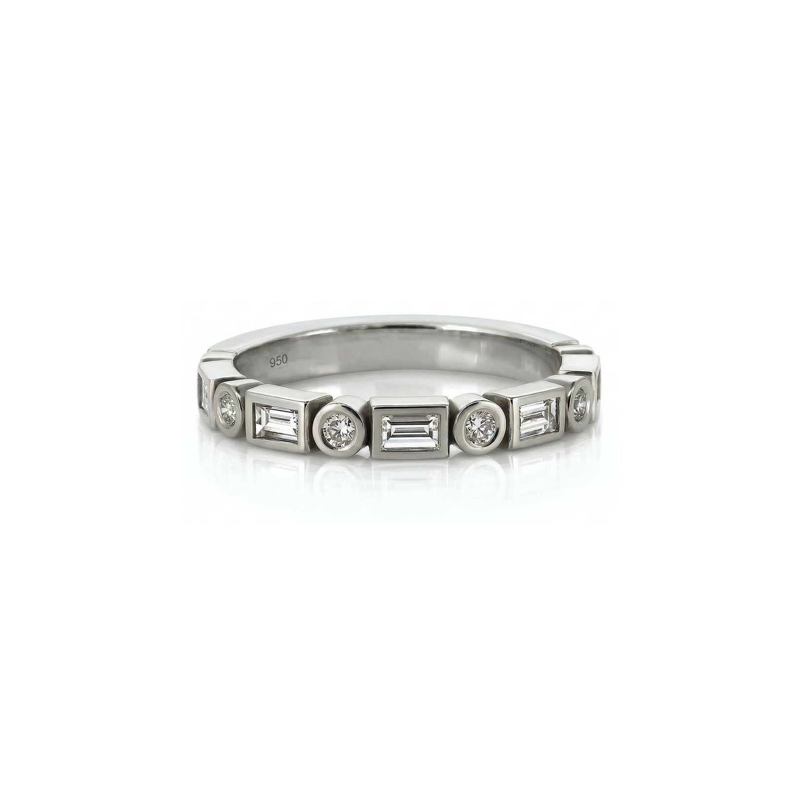 Platinum ring with embedded diamonds on a white background