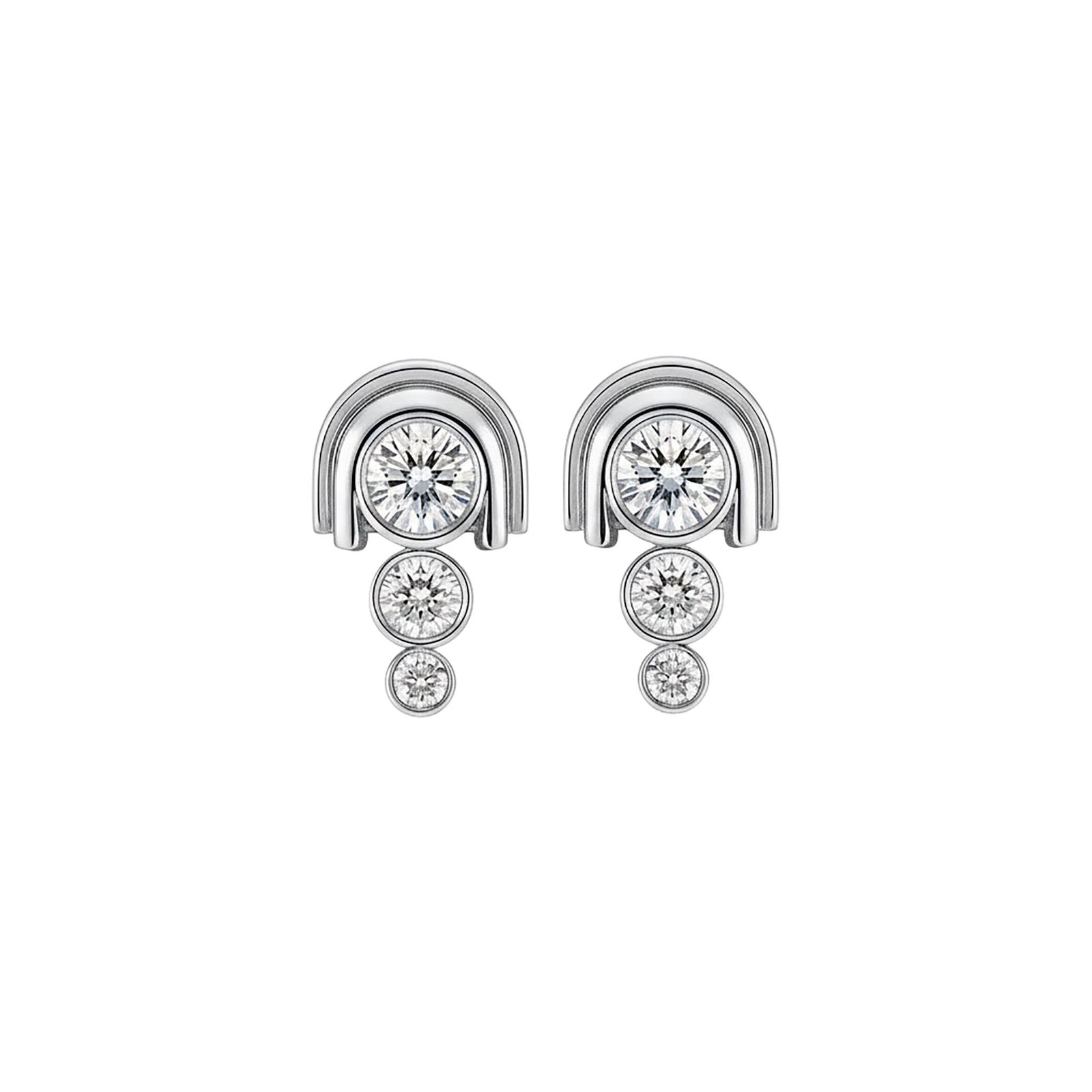Pair of platinum earrings with diamond-like stones on a white background