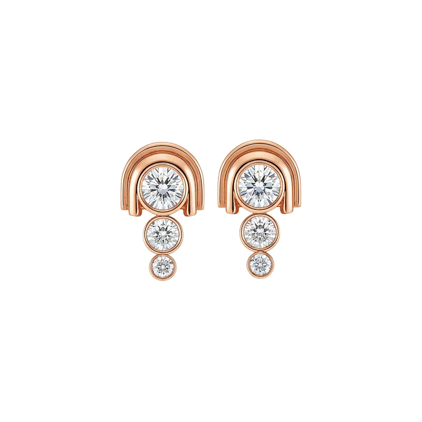Rose gold earrings with diamonds on a white background