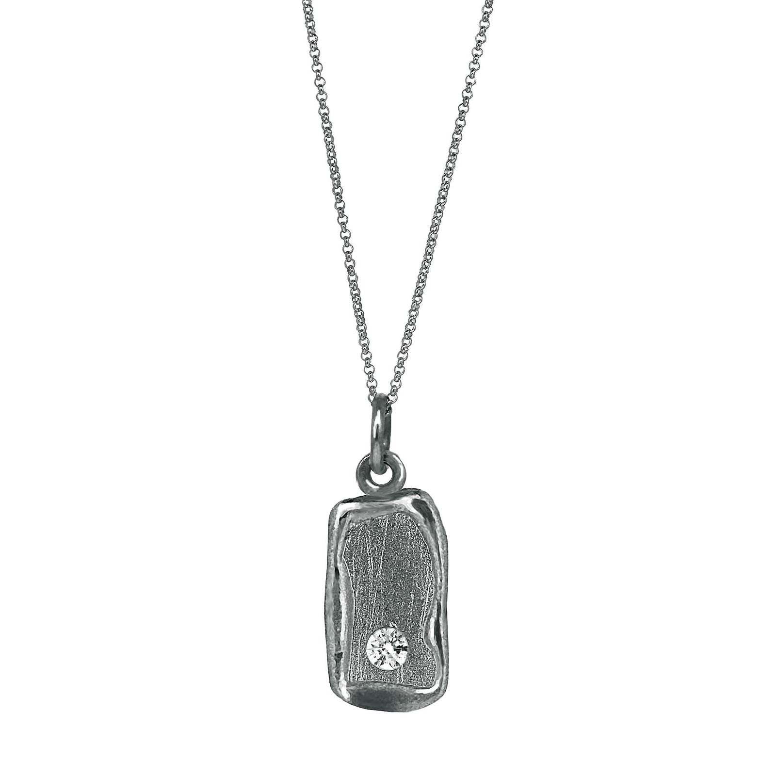 Diamond cartouche syle necklace . White gold with single diamond detail. 
