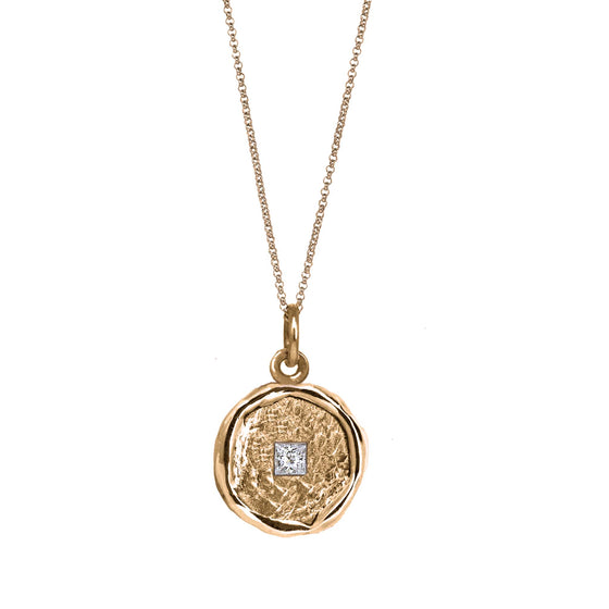 Rose gold medallion necklace with Princess cut diamond detail