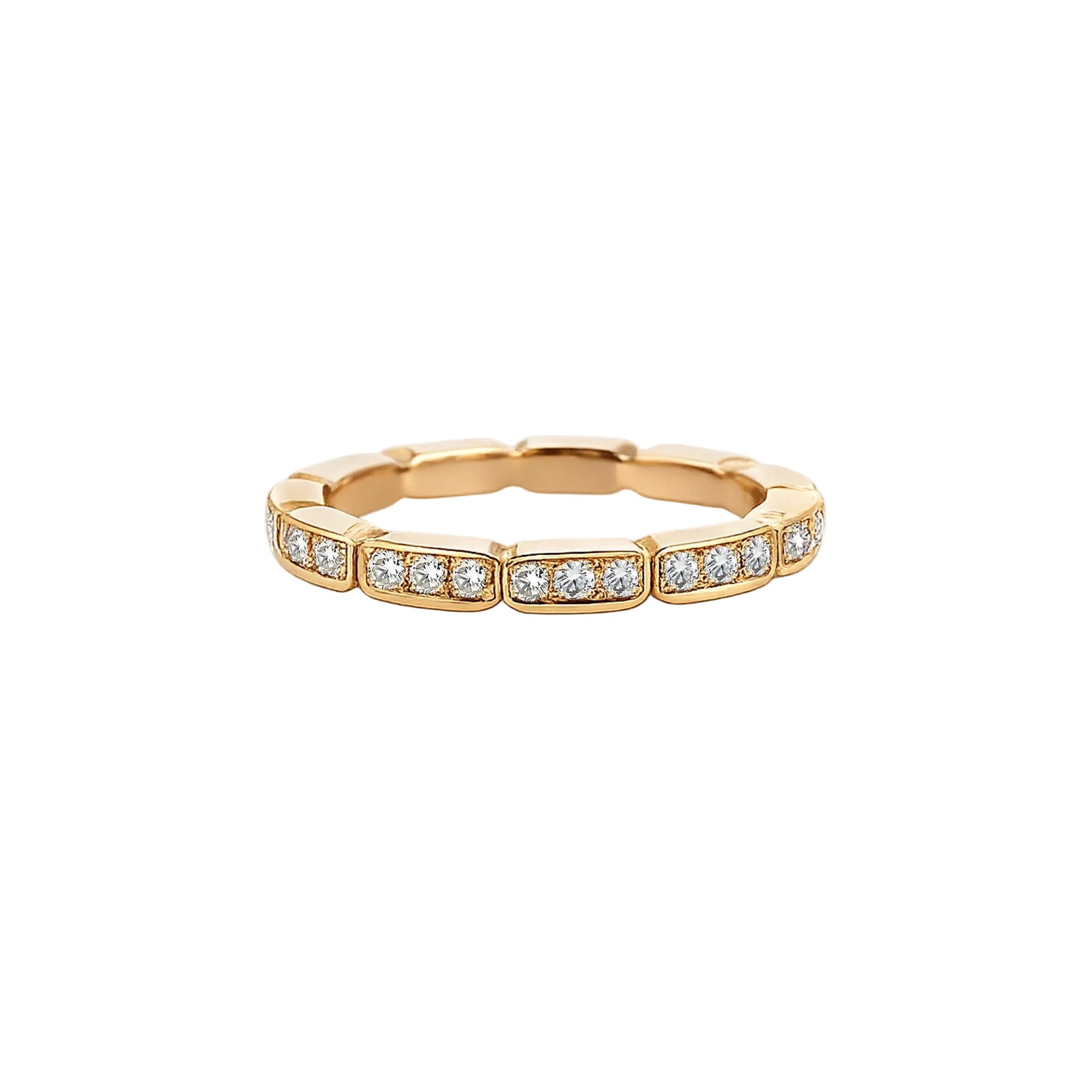 Gold ring with embedded diamonds on a white background