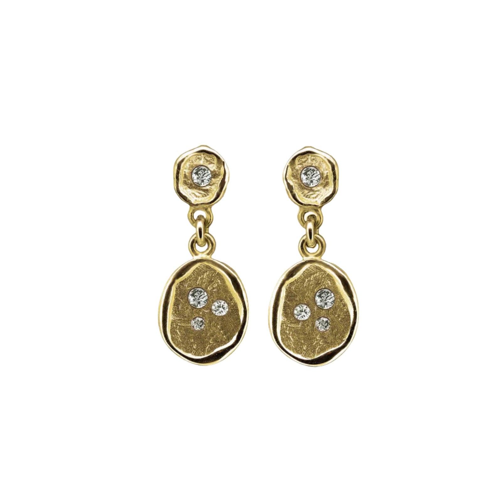 Drop earrings with double oval organic shapes with diamond details in yellow gold
