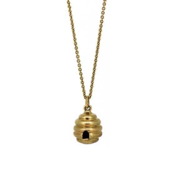 Gold Beehive Pendant on a yellow gold chain.