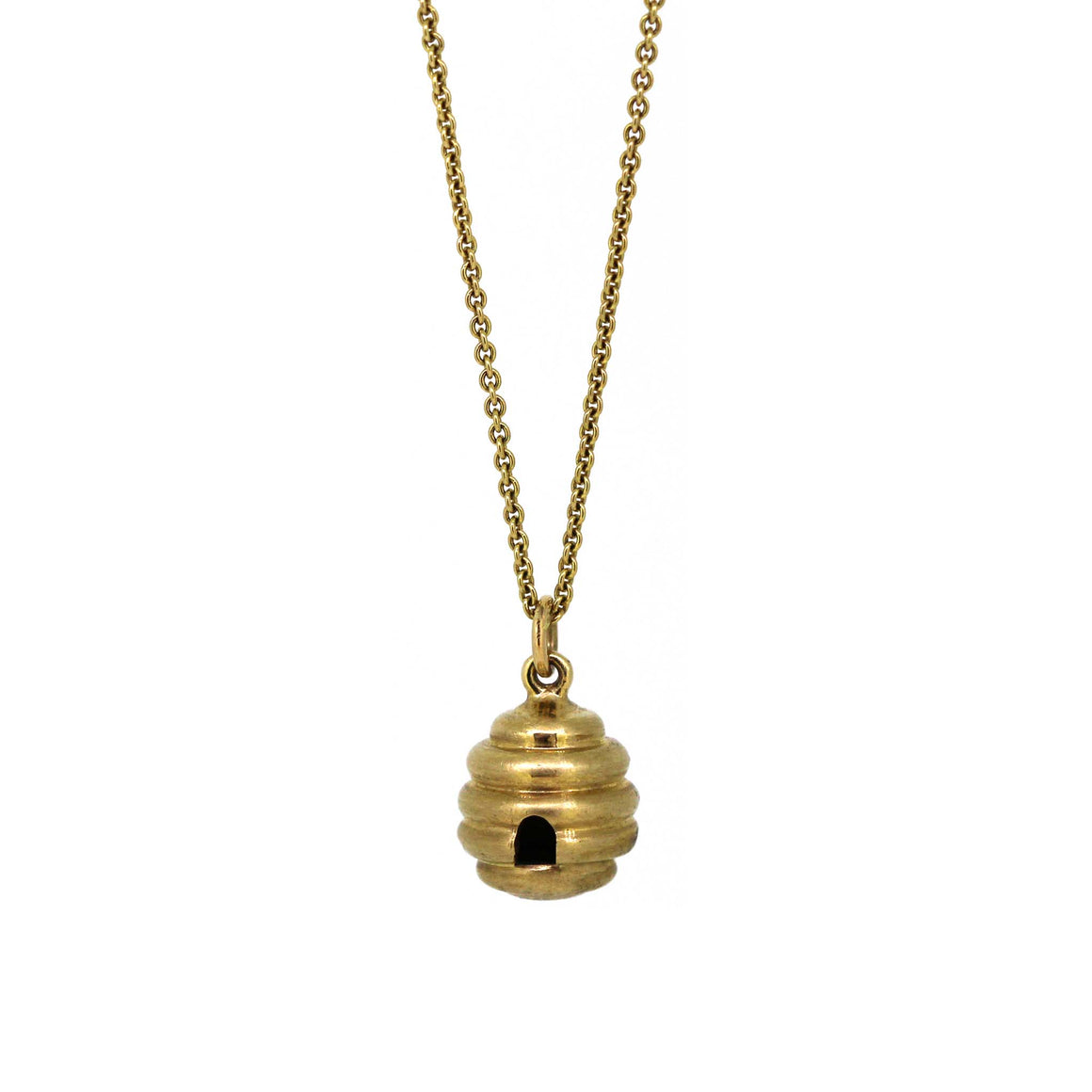 Gold Beehive Pendant on a yellow gold chain.