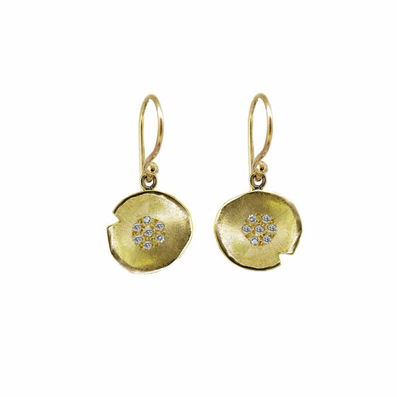Gold Lily pad drop earring Large with 7 diamonds bead set in each earring 