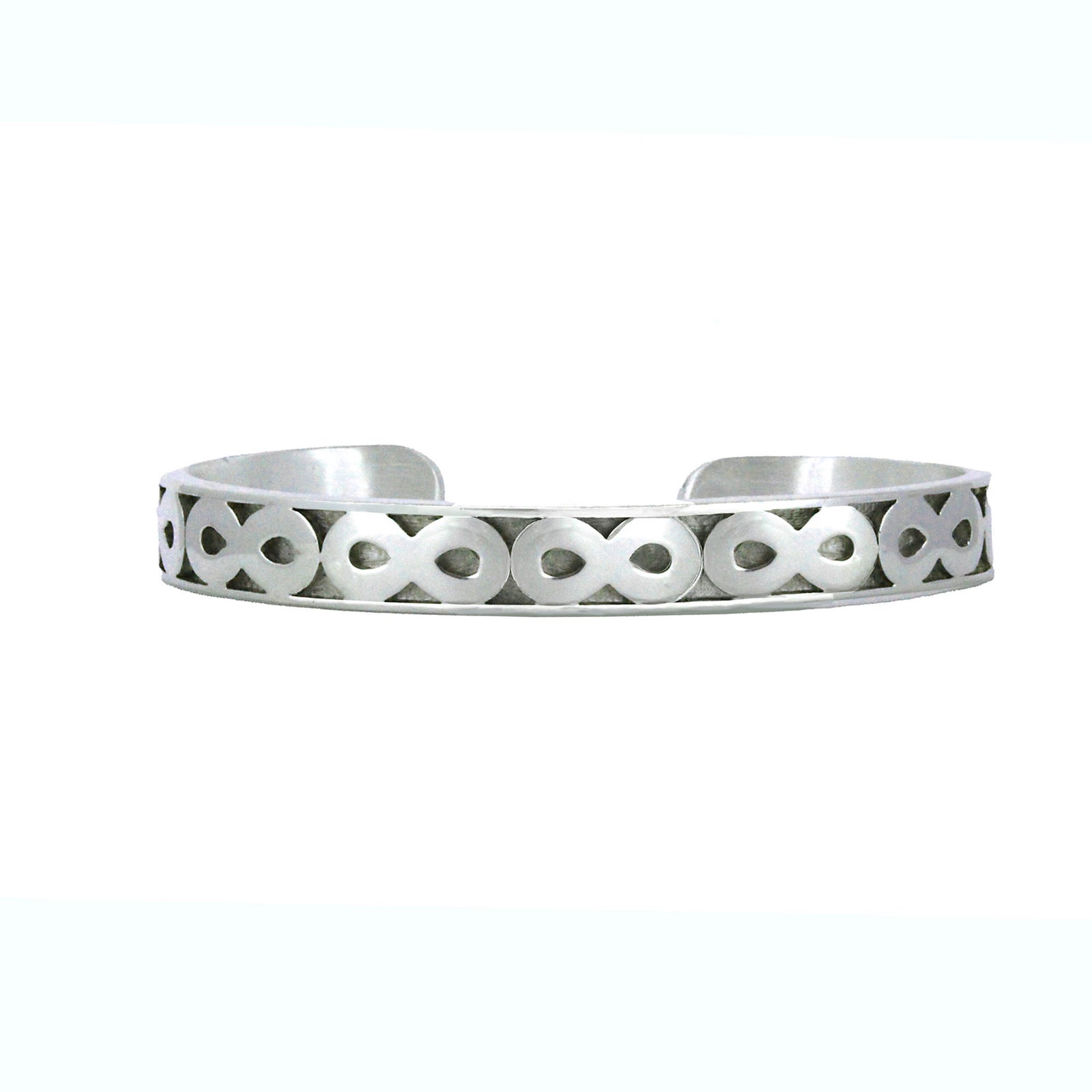 infinity open cuff with embedded infinity symbol