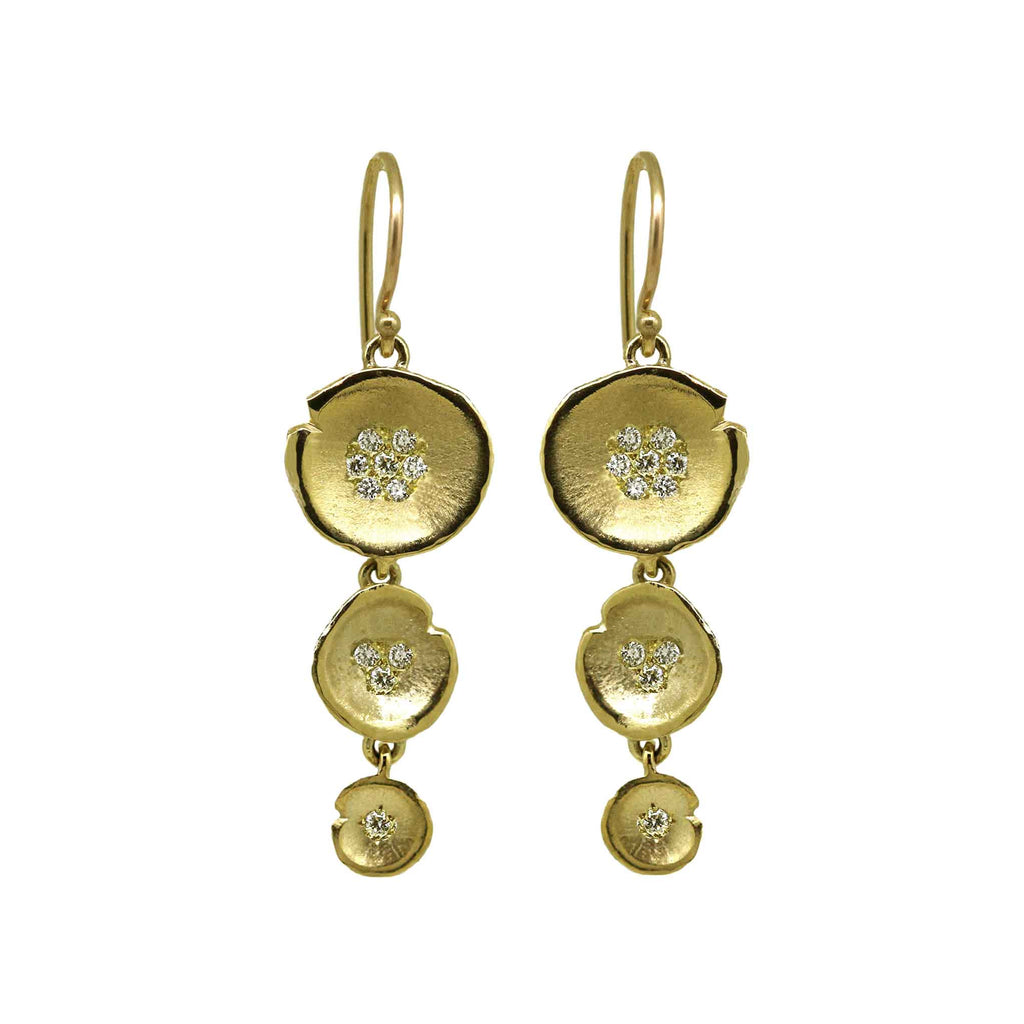 Long Lilypad diamond drop earrings . Tiered yellow gold drop earrings accented with diamonds