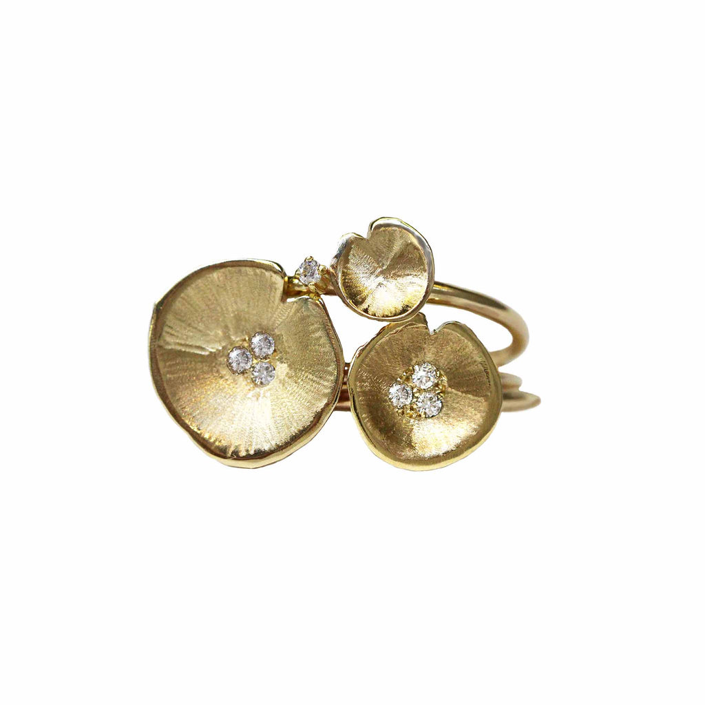 Small , medium and large lily pad gold and diamond ring stack