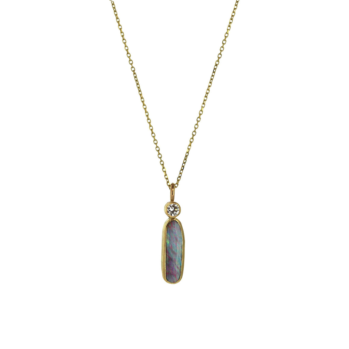 Long opal pendant with a diamond detail.