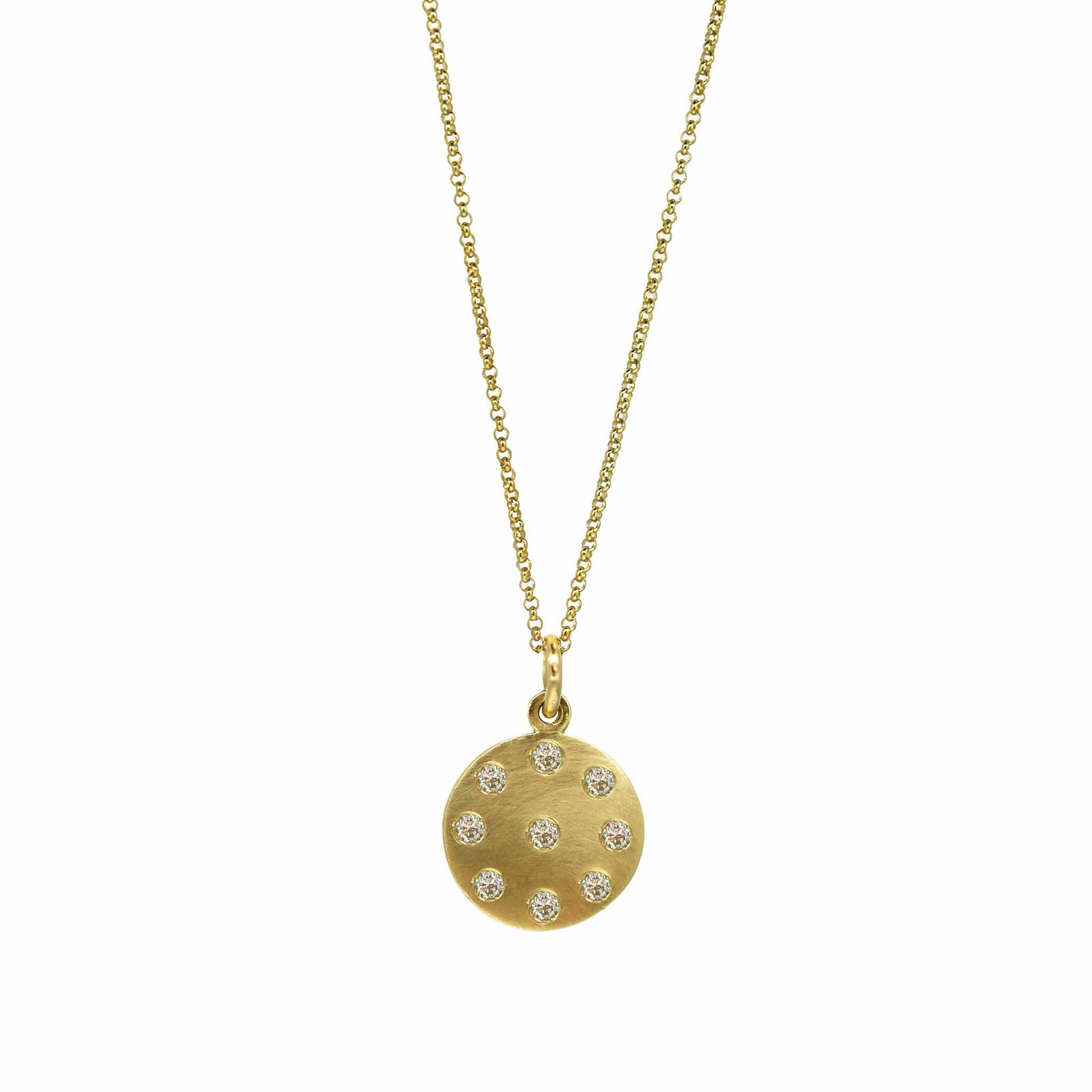 Round gold  with 9 flush set diamonds on yellow gold chain