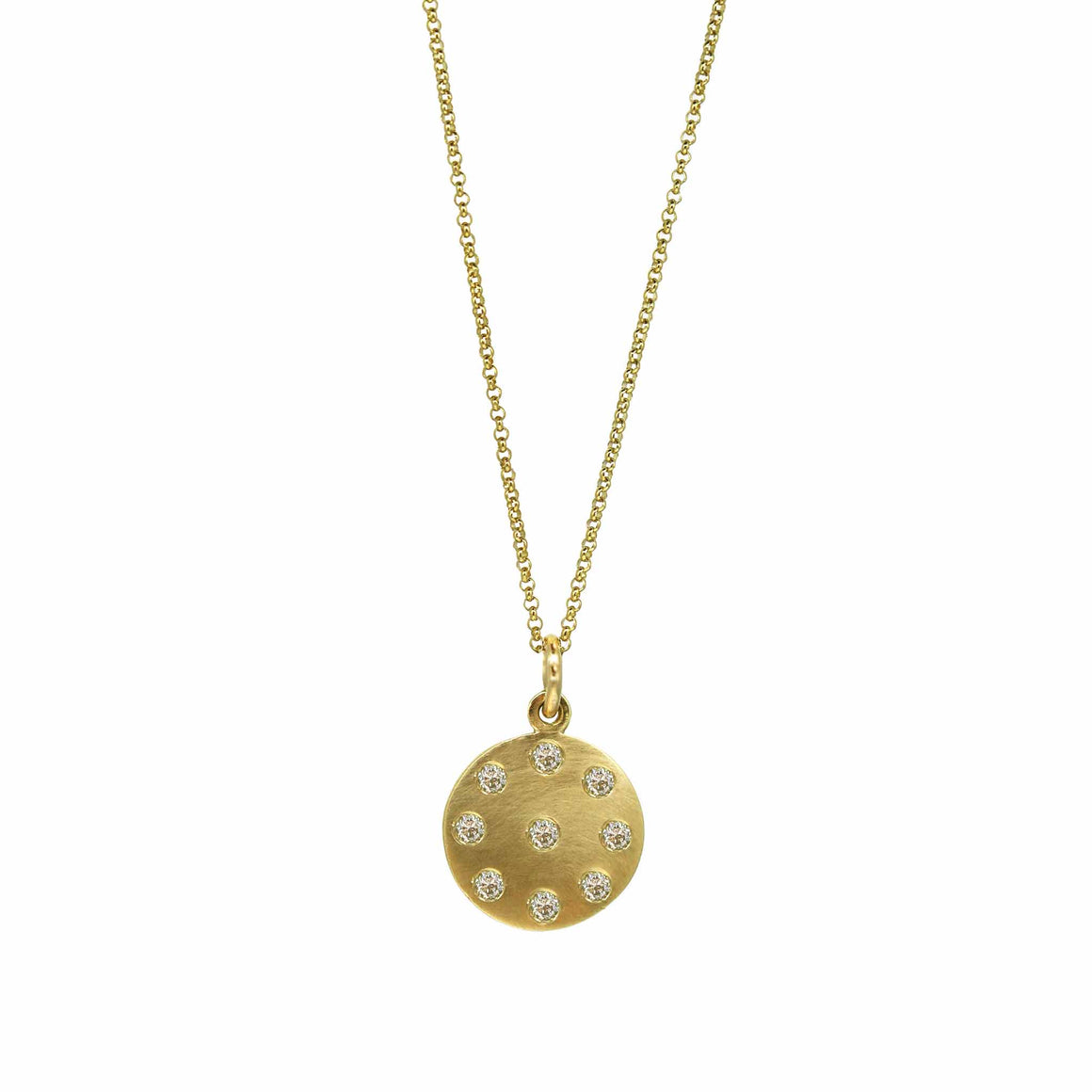 Round gold  with 9 flush set diamonds on yellow gold chain