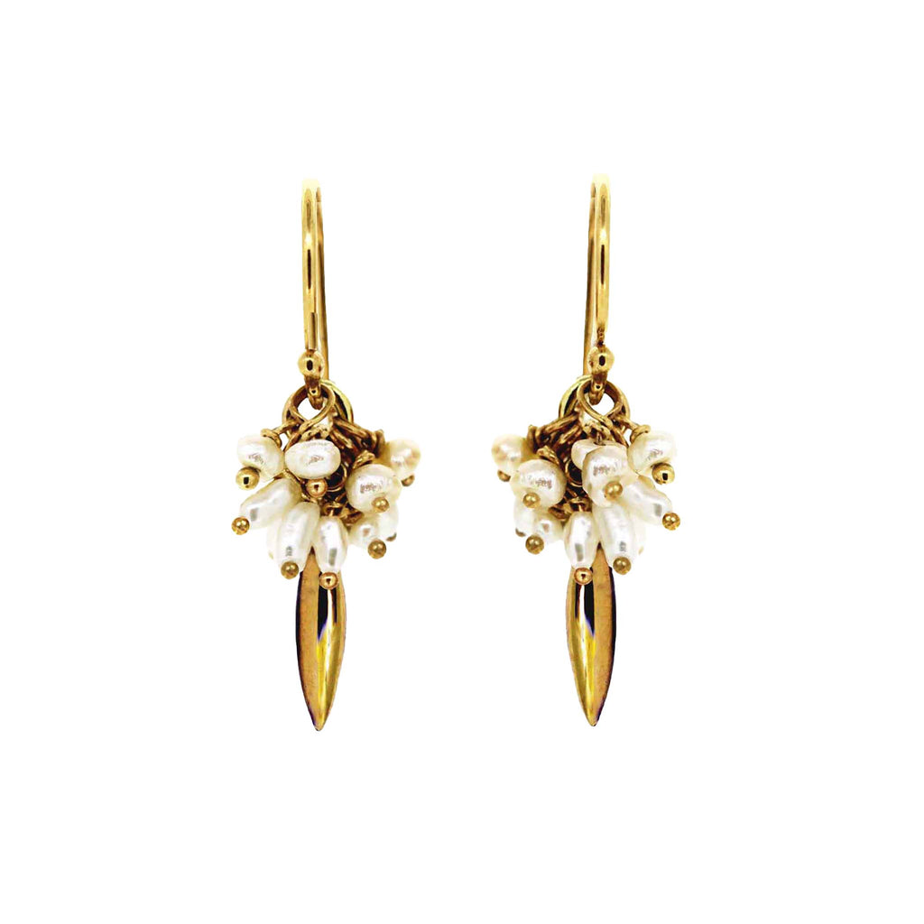 A cluster of tiny white pearls decorate the tops of yellow gold grain shaped gold drops