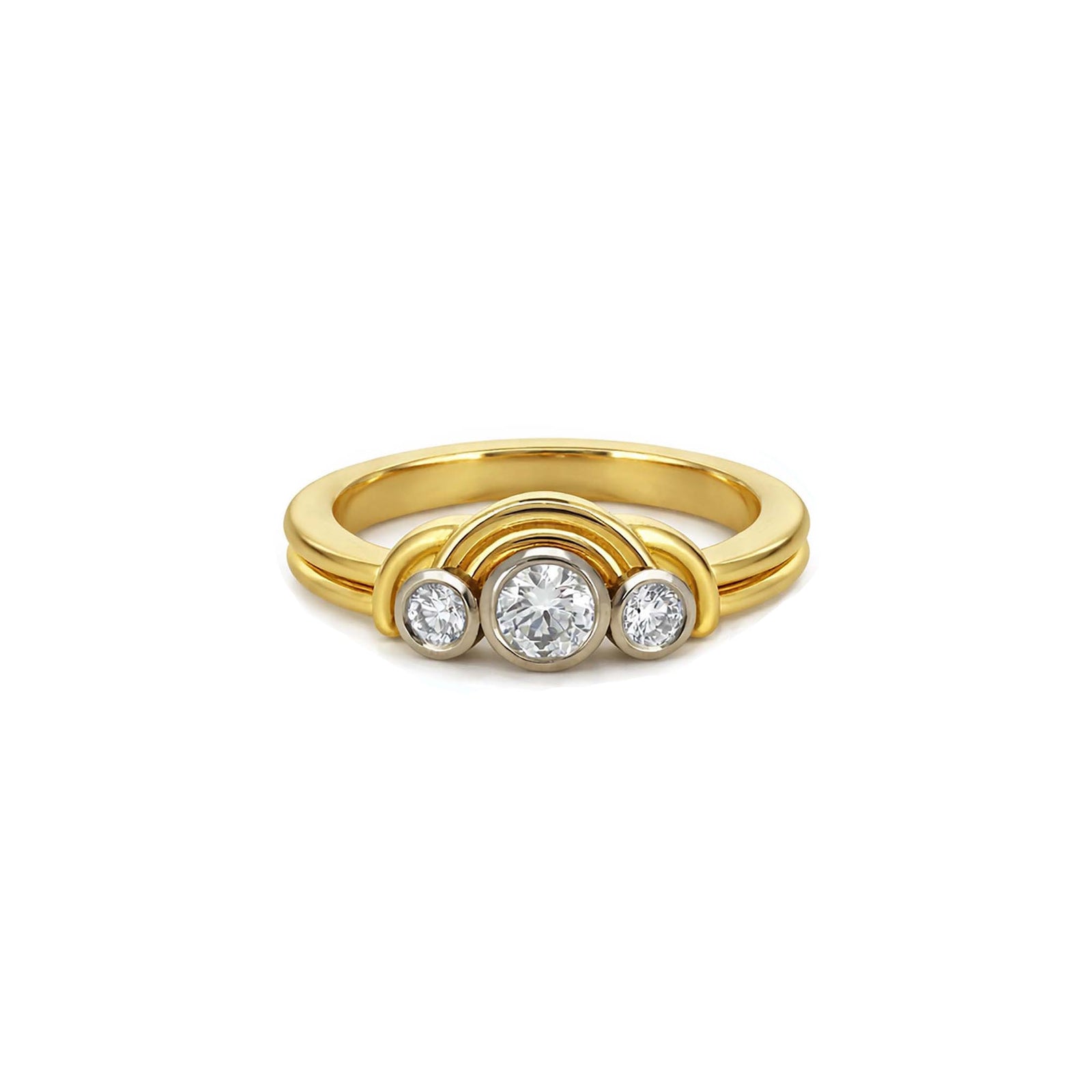 Gold ring with three diamonds on a white background