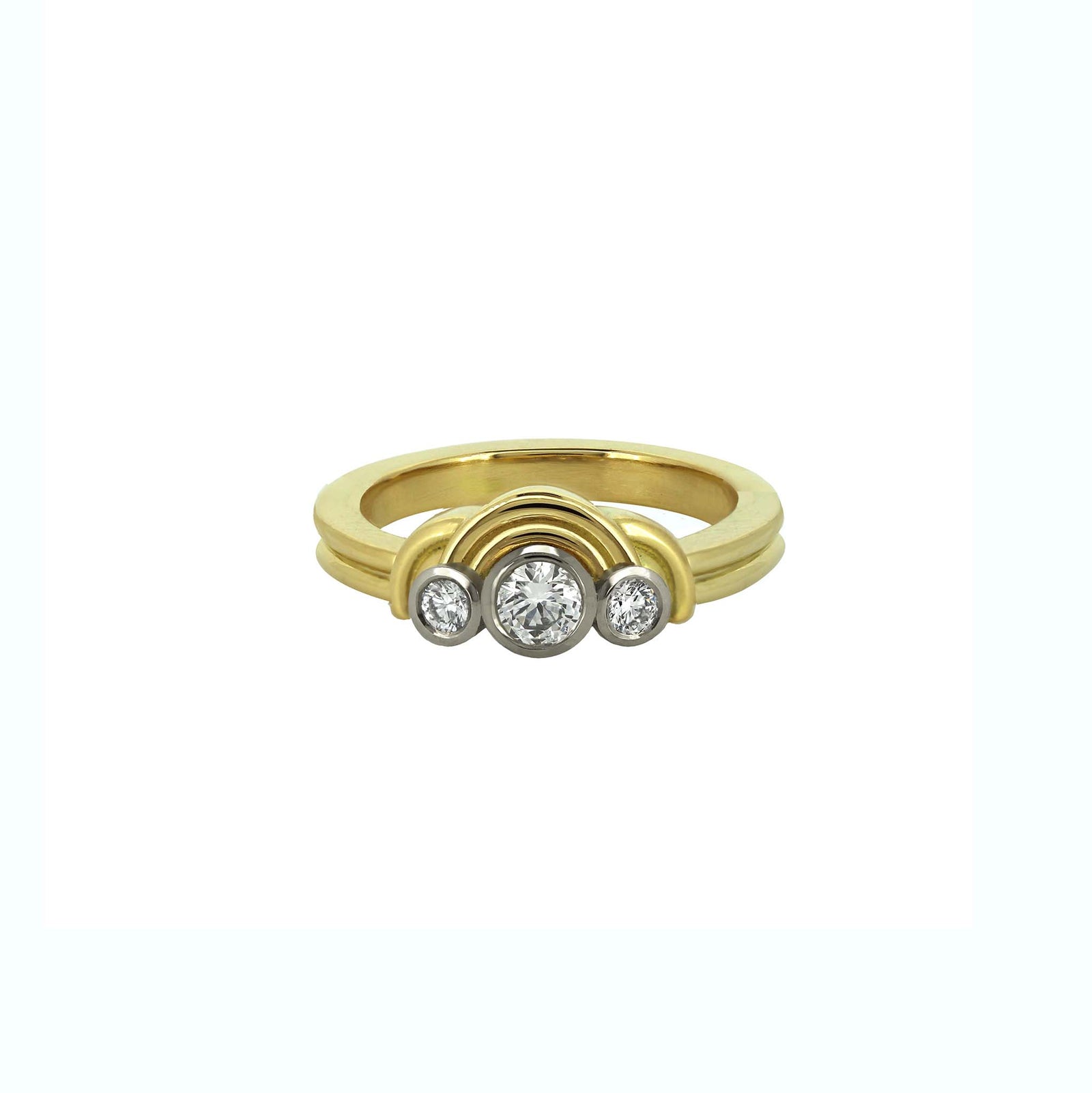 Gold ring with 
hree diamonds on white background