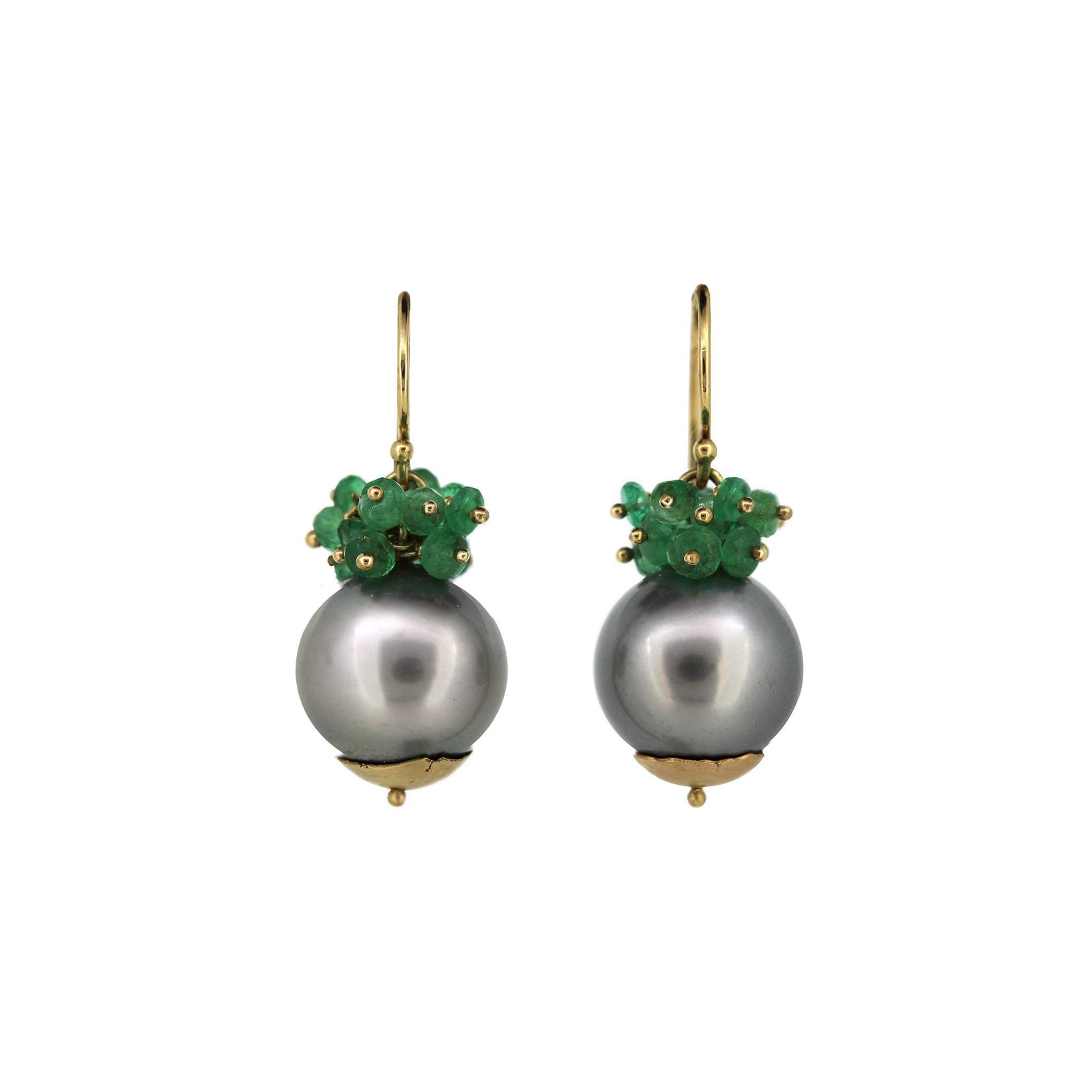 Tahitian pearl earrings with gold details and tsavorite caps