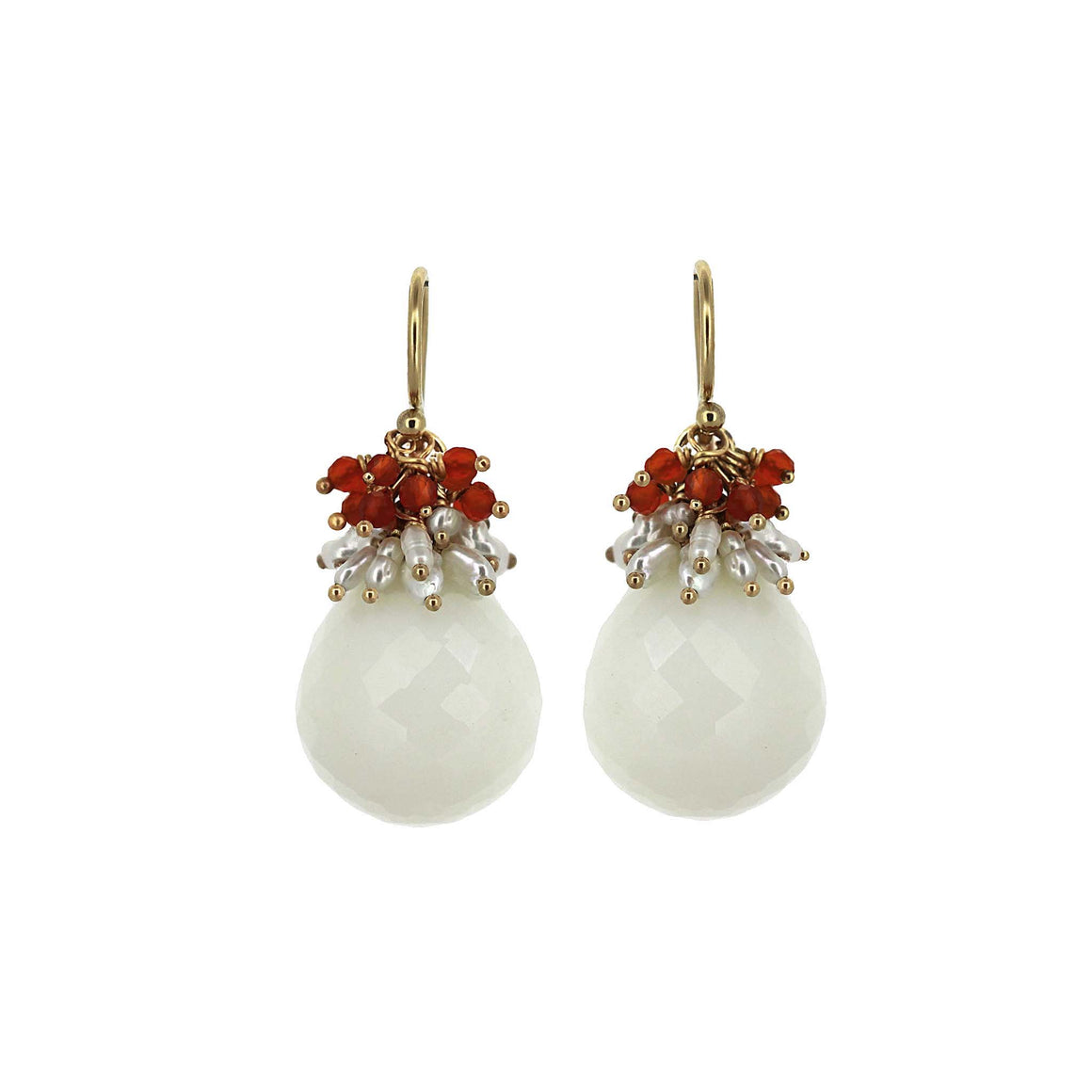 White agate drop earrings with Carnelian and pearl caps