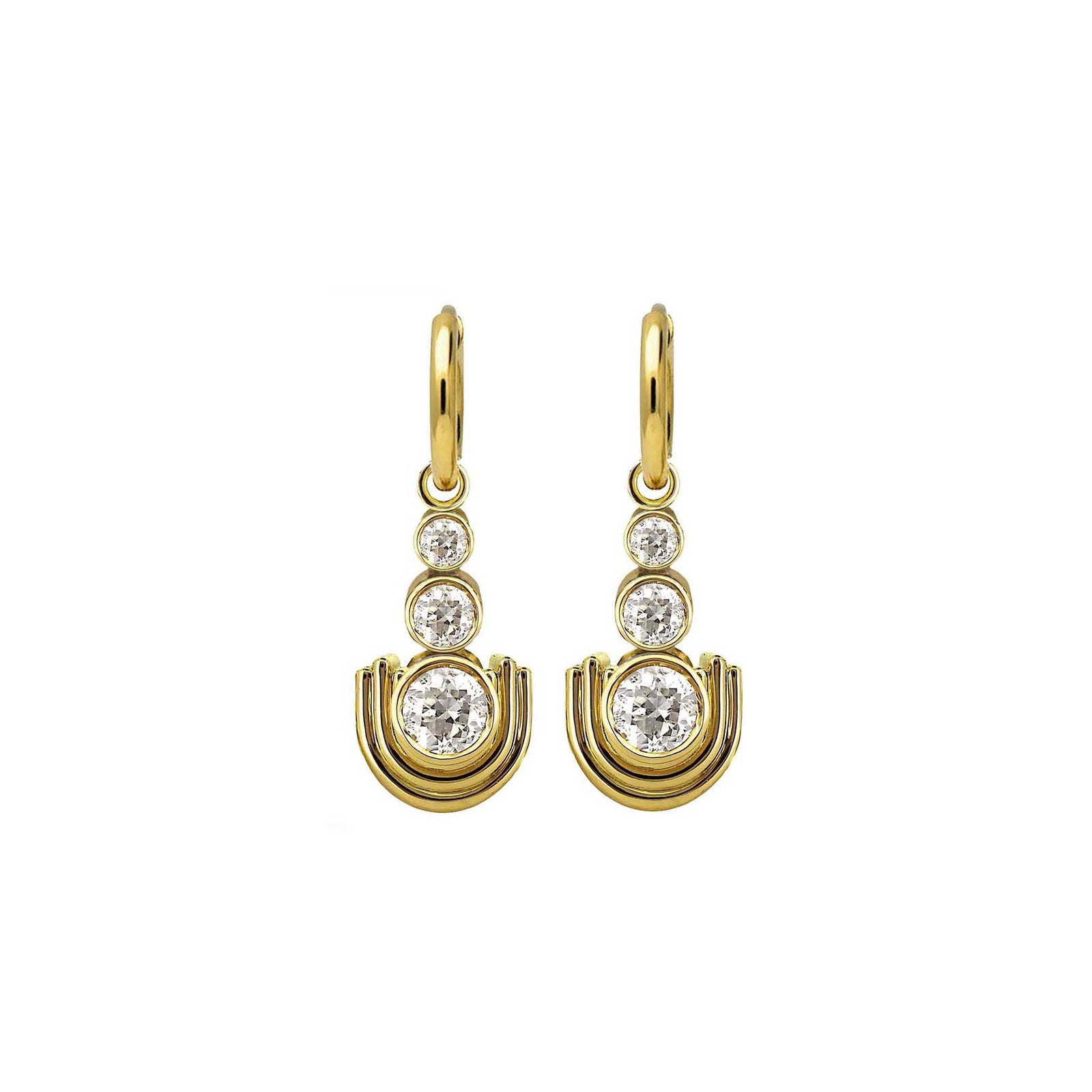 yellow gold earrings with three  lab diamonds  on white background