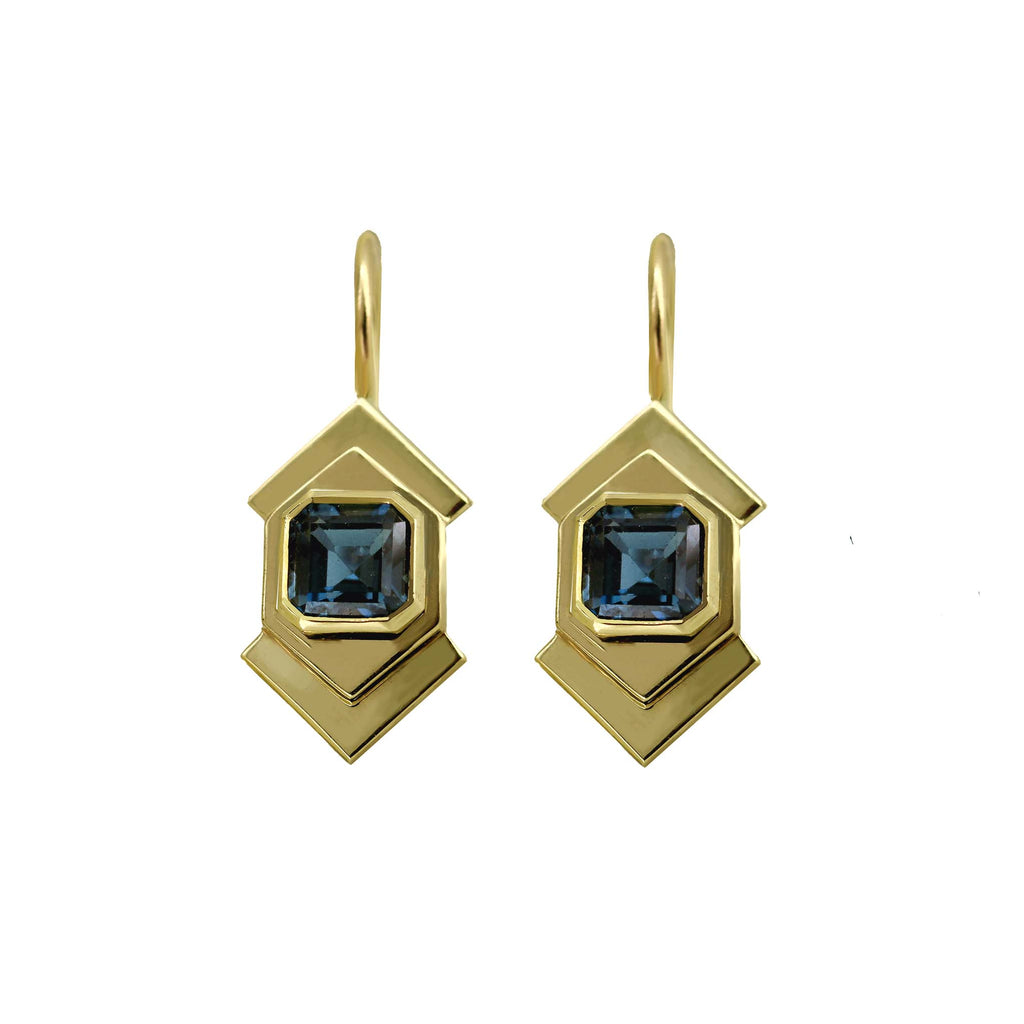yellow gold and London blue Topaz earrings 