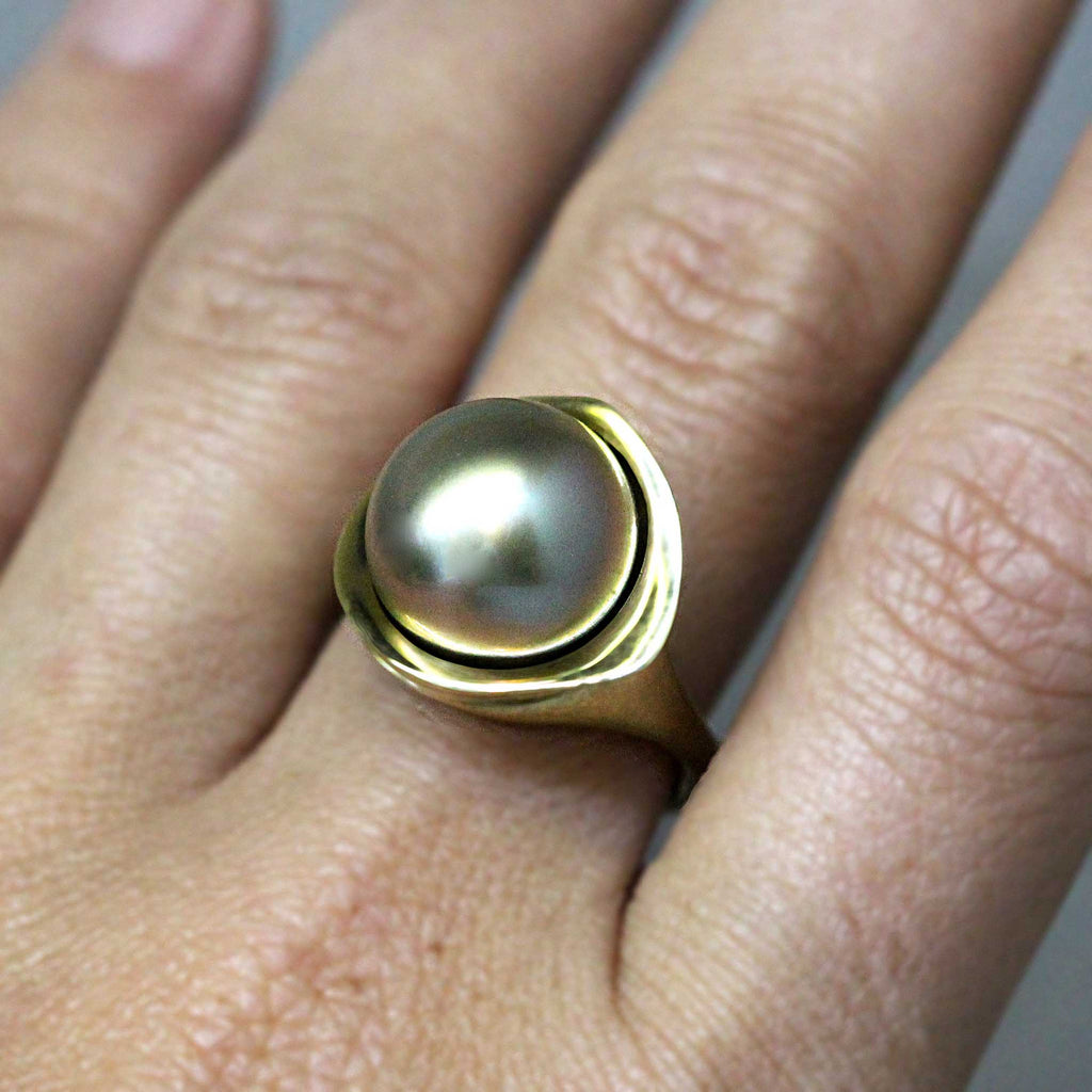 Pearl Diver Ring with tahitian pearl worn on hand