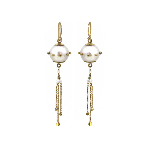 Pearl jellyfish earrings are white freshwater pearls with gold chain tassles