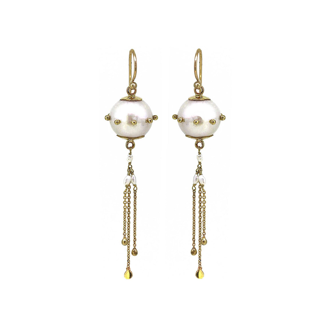 Pearl jellyfish earrings are white freshwater pearls with gold chain tassles