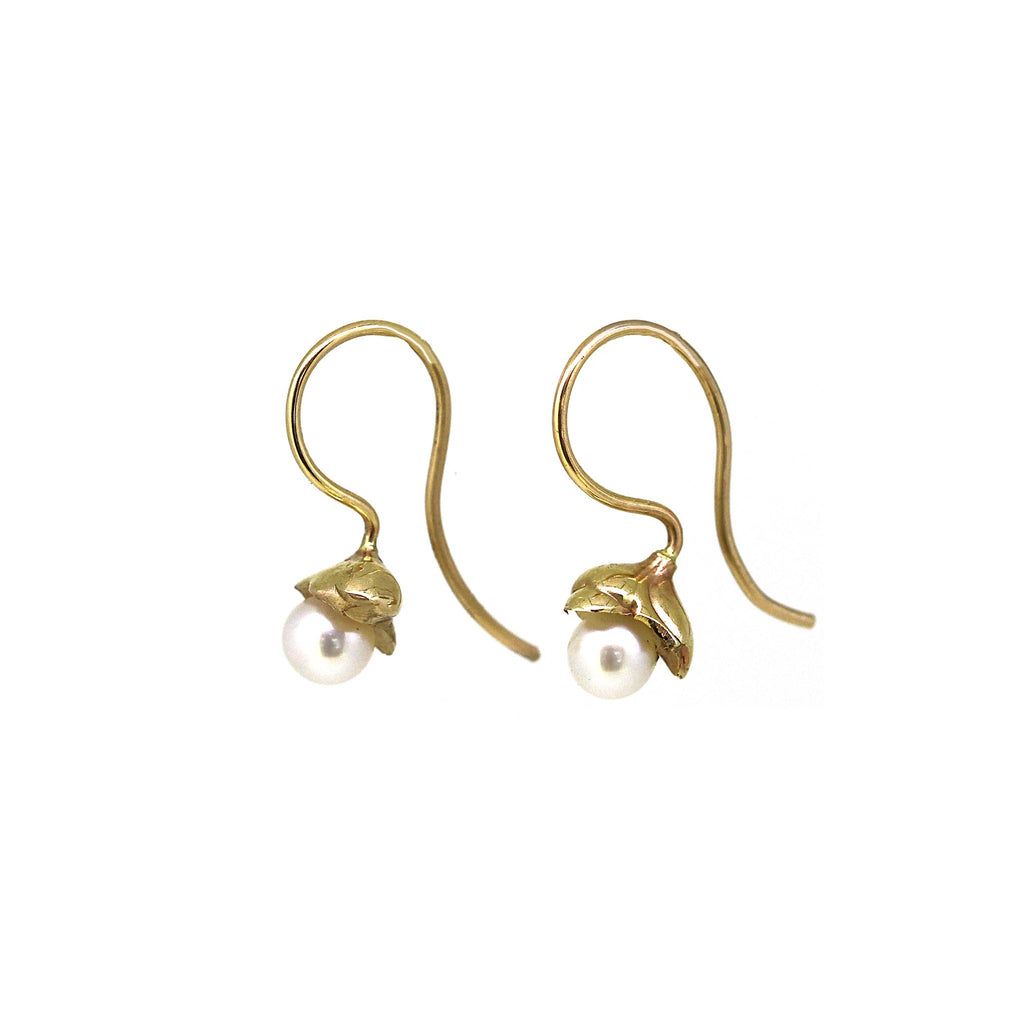 sunken treasure pearl drop earrings side view. Pearls in yellow gold