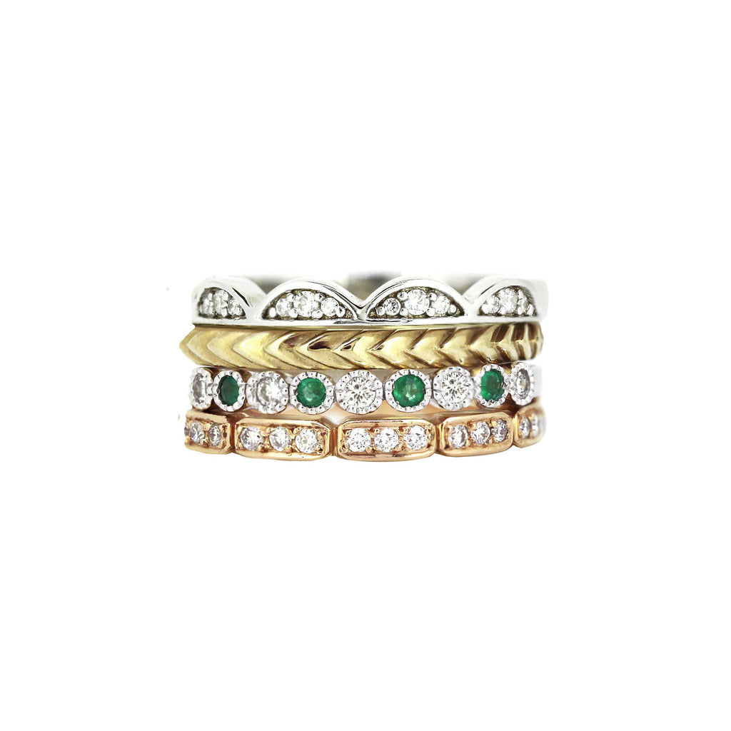 Collection of gemstone diamond and gold stack rings to form the Barcelona stack