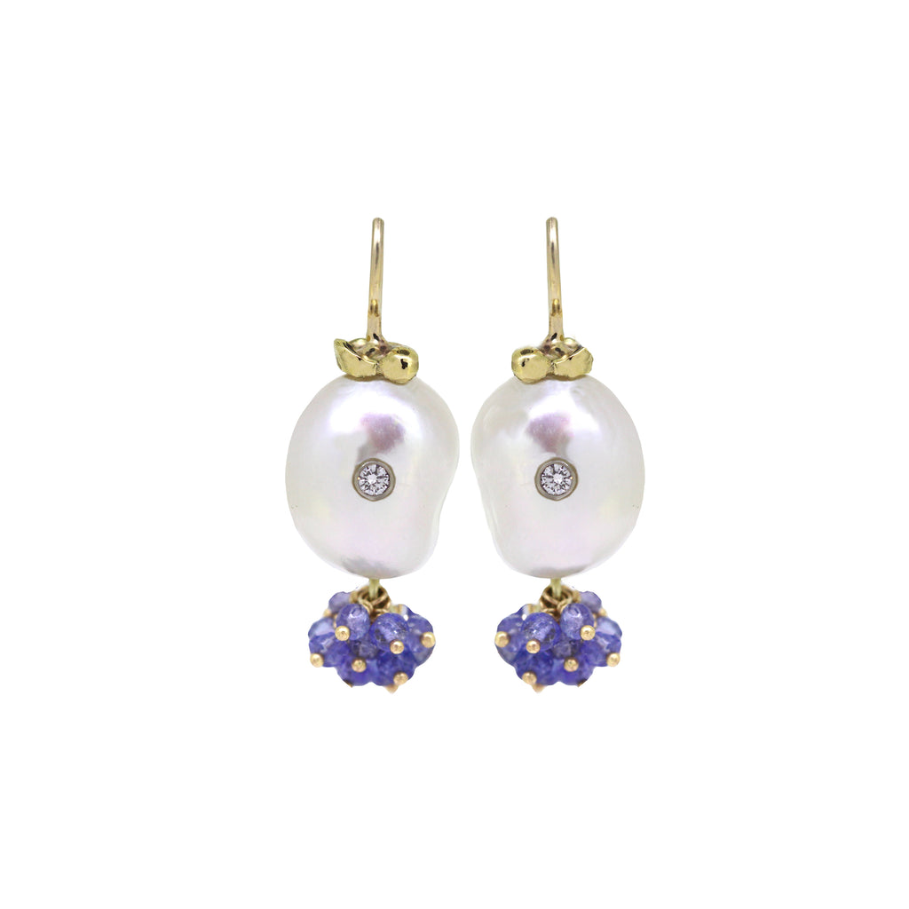 Jellyfish gold pearl and Tanzanite earrings