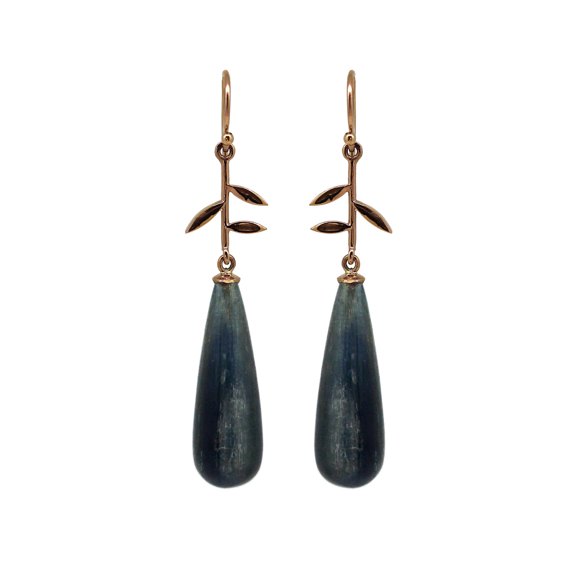 rose gold and kyanite drop earrings on a white background