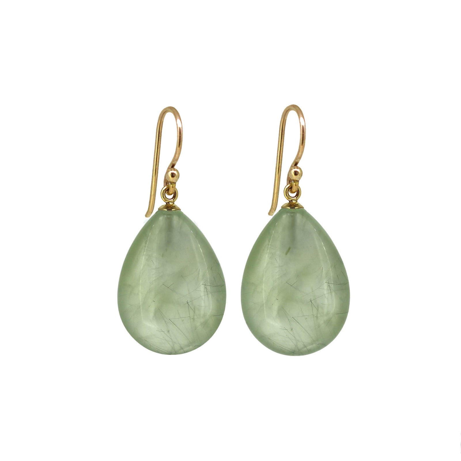 Prehnite gemstone drop earrings on yellow gold hooks