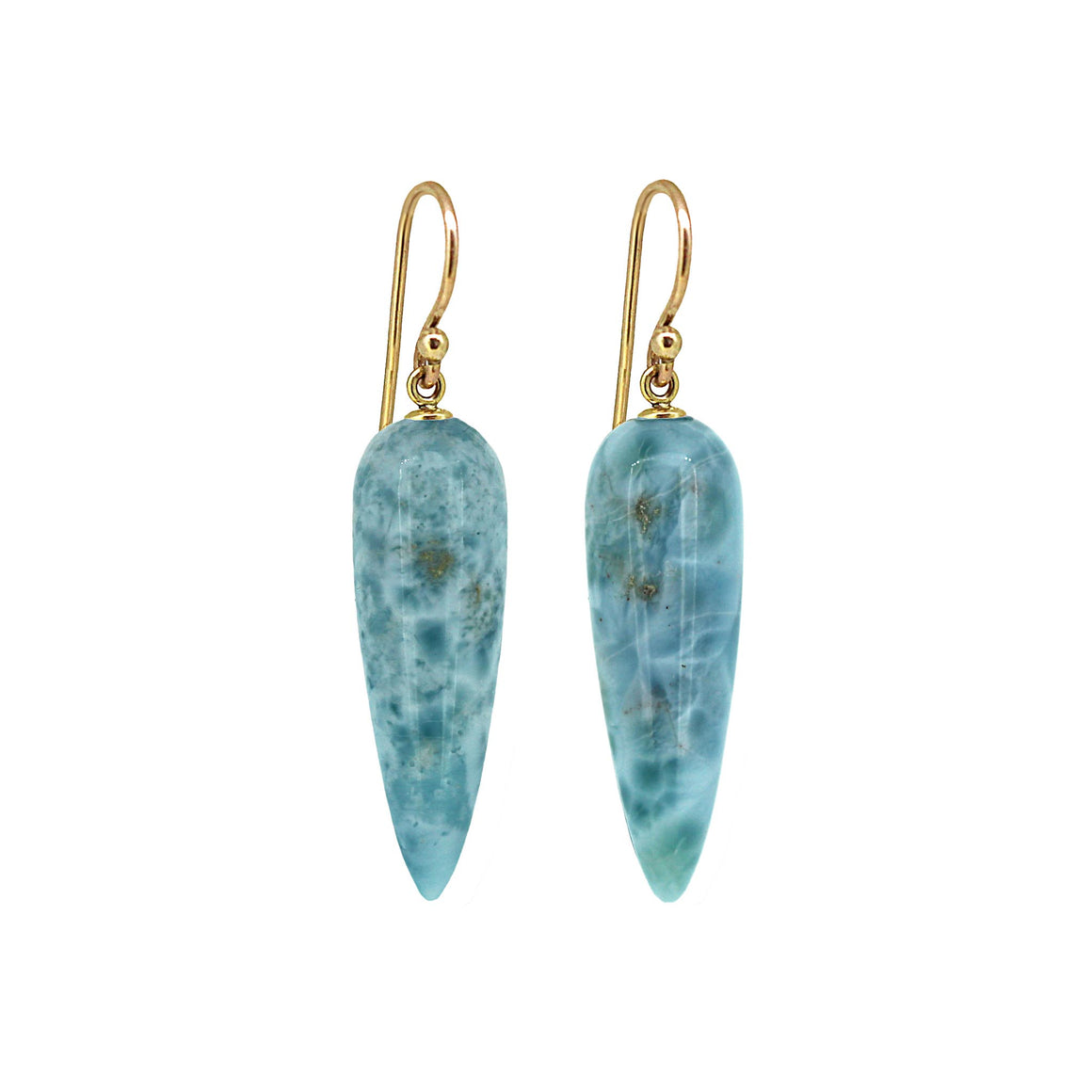 Larimar Pendulum earrings blue tones on yellow gold hooks