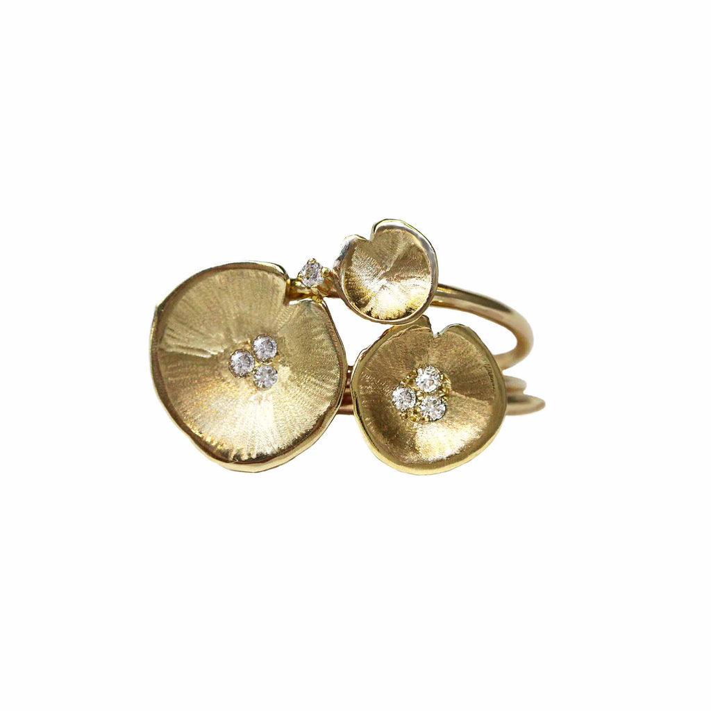 Lilypad stack rings yellow gold and diamonds