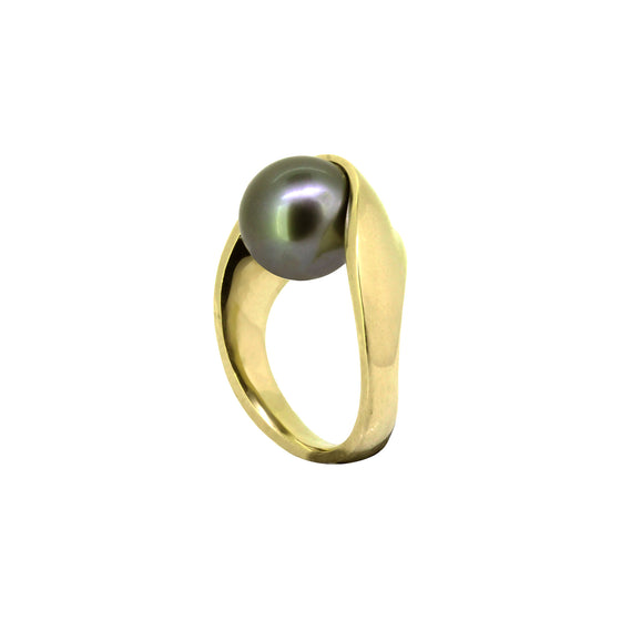 Sling Ring. A grey Tahitian pearl held in a yellow gold band