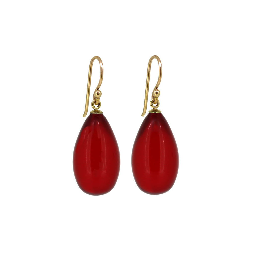 Translucent rich red amber earrings on gold hooks