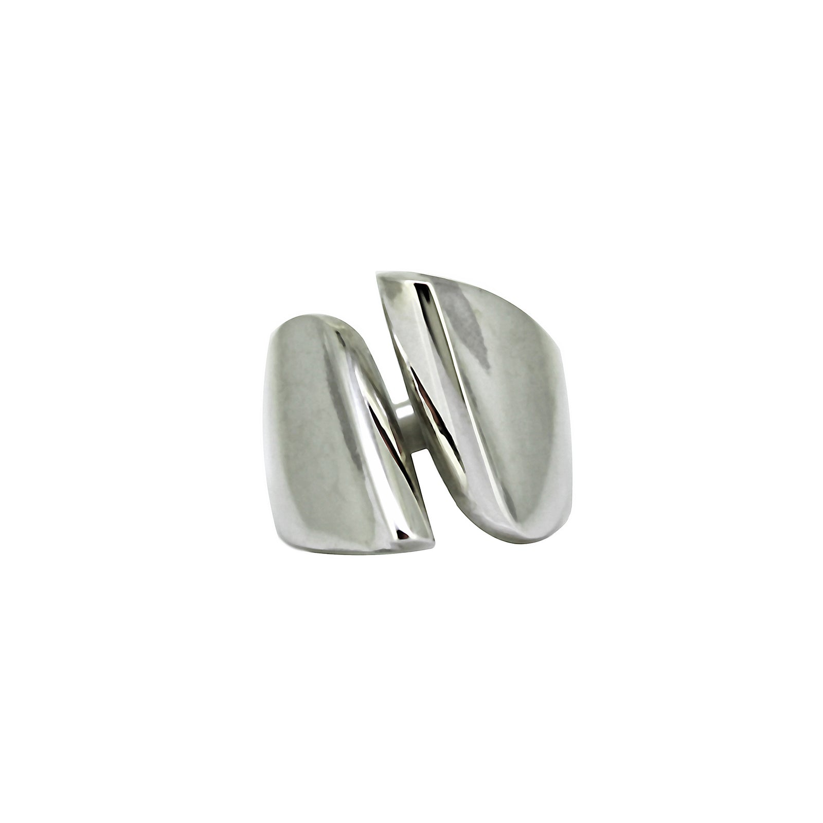 A highly polished silver open sling ring with a sleek, modern design.
