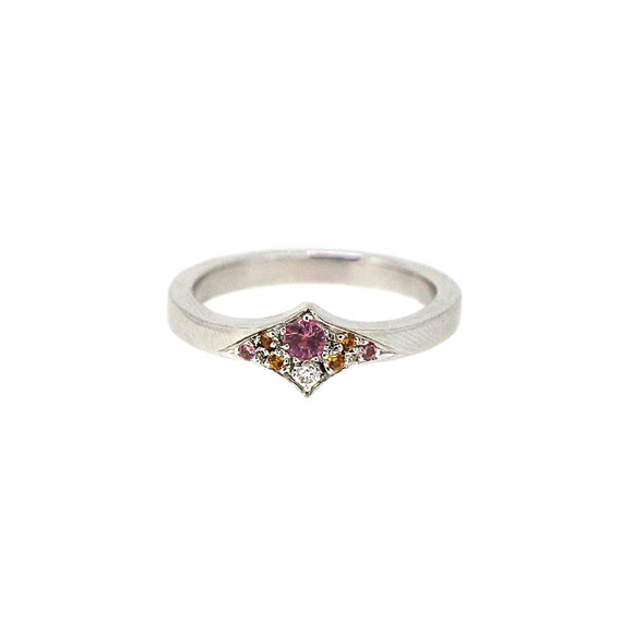 Stingray ring with pave etail in diamonds and pink and yellow sapphires