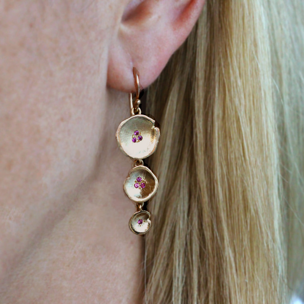 Yellow Gold Pink Sapphire Tiered Lilypad Earrings