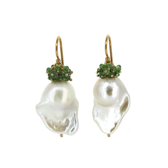Tsavorite Baroque pearl earrings. Green gemstone bead clusters adorn Baroque freshwater pearls