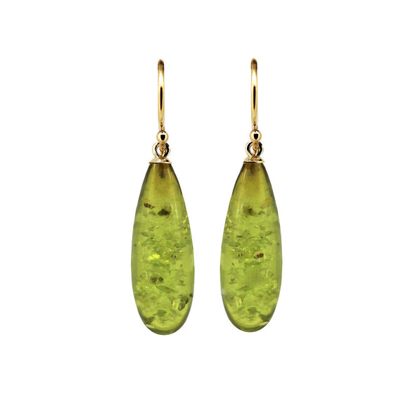 Translucent green amber drop earrings. Yellow gold hooks