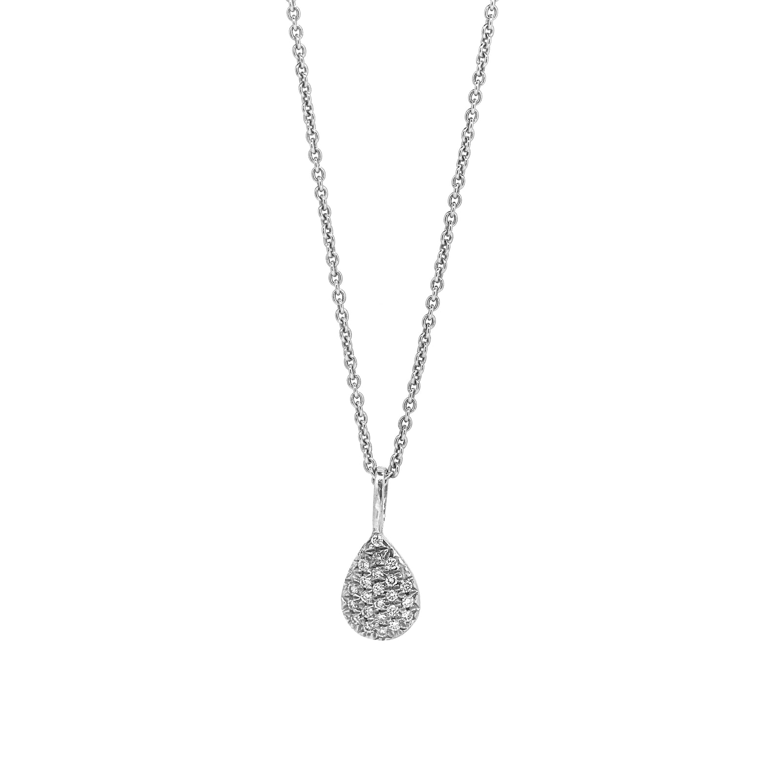 A diamond teardrop necklace in 9K white gold with a chain length of 45cm, featuring a teardrop-shaped pendant encrusted with diamonds.