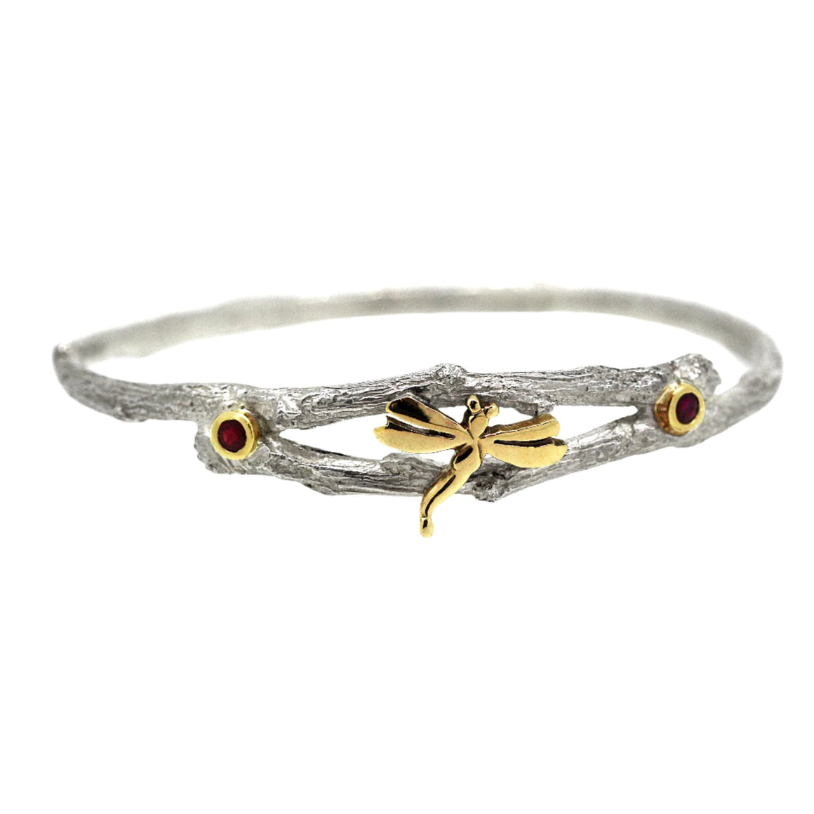 Sterling silver bangle with gold dragonfly and ruby detil