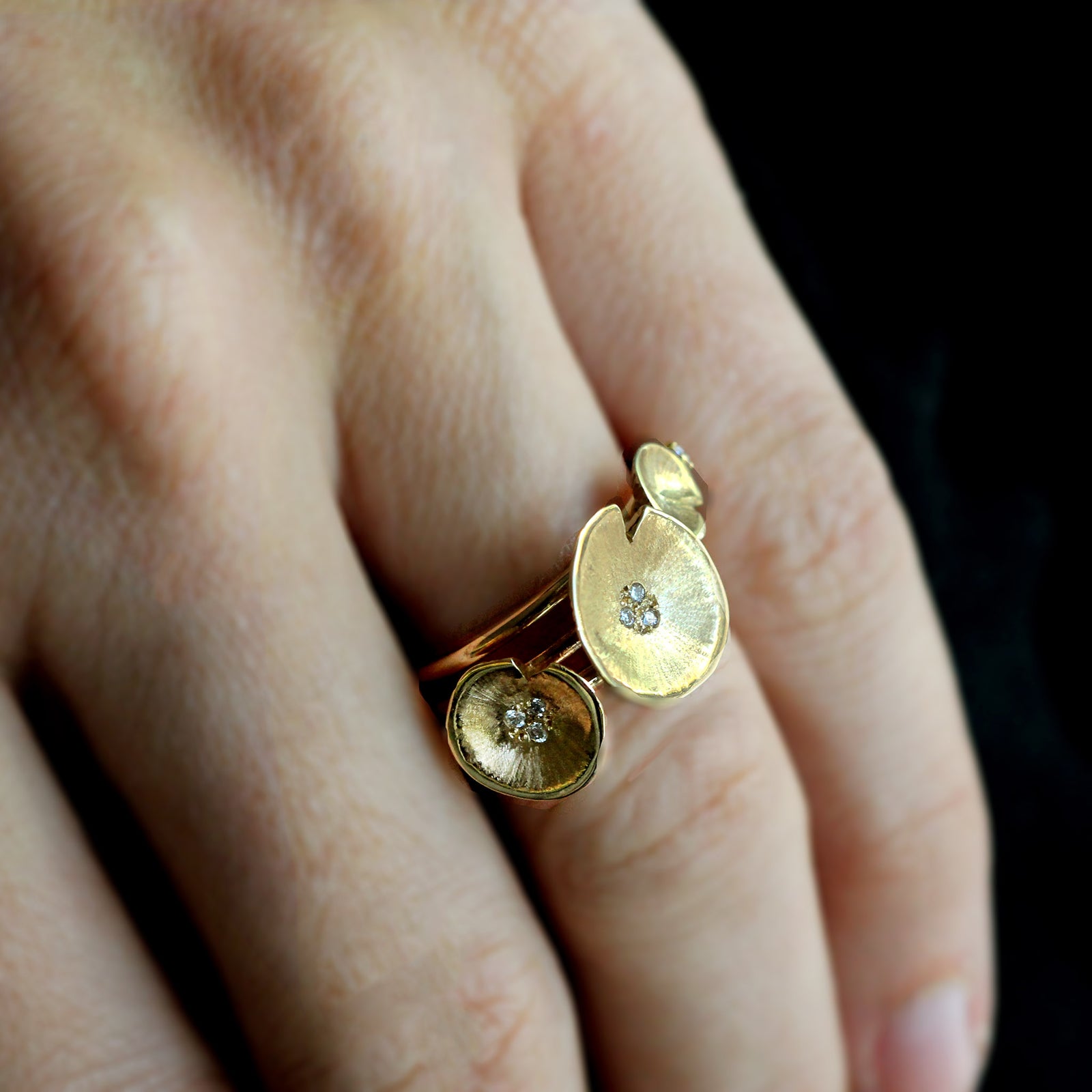 Small , medium and large lily pad gold and diamond ring stack