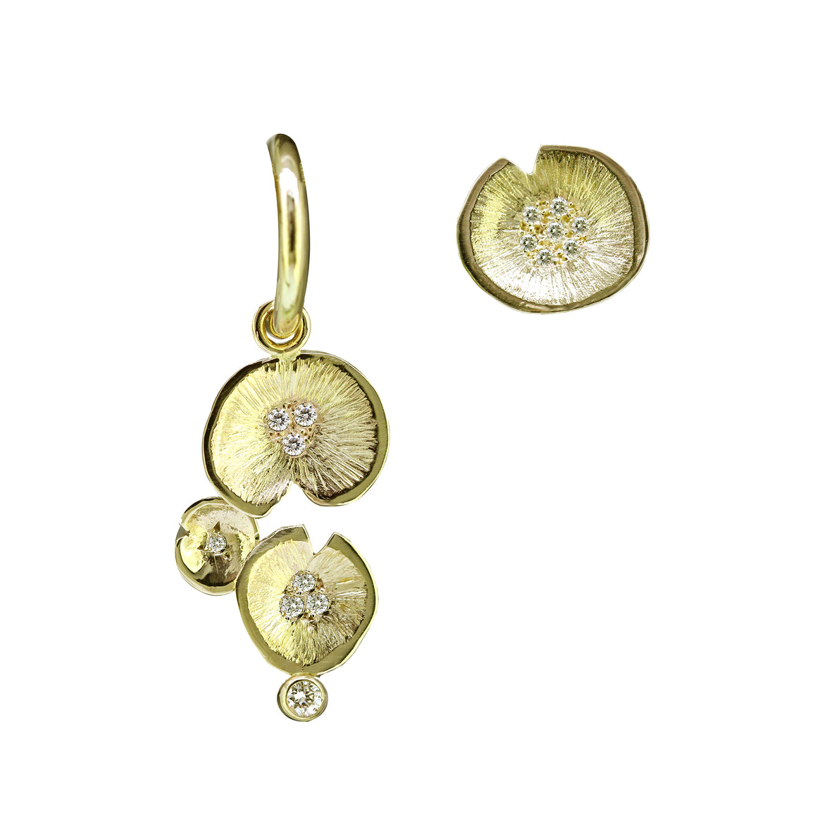 Gold drop and stud Lily pad earrings