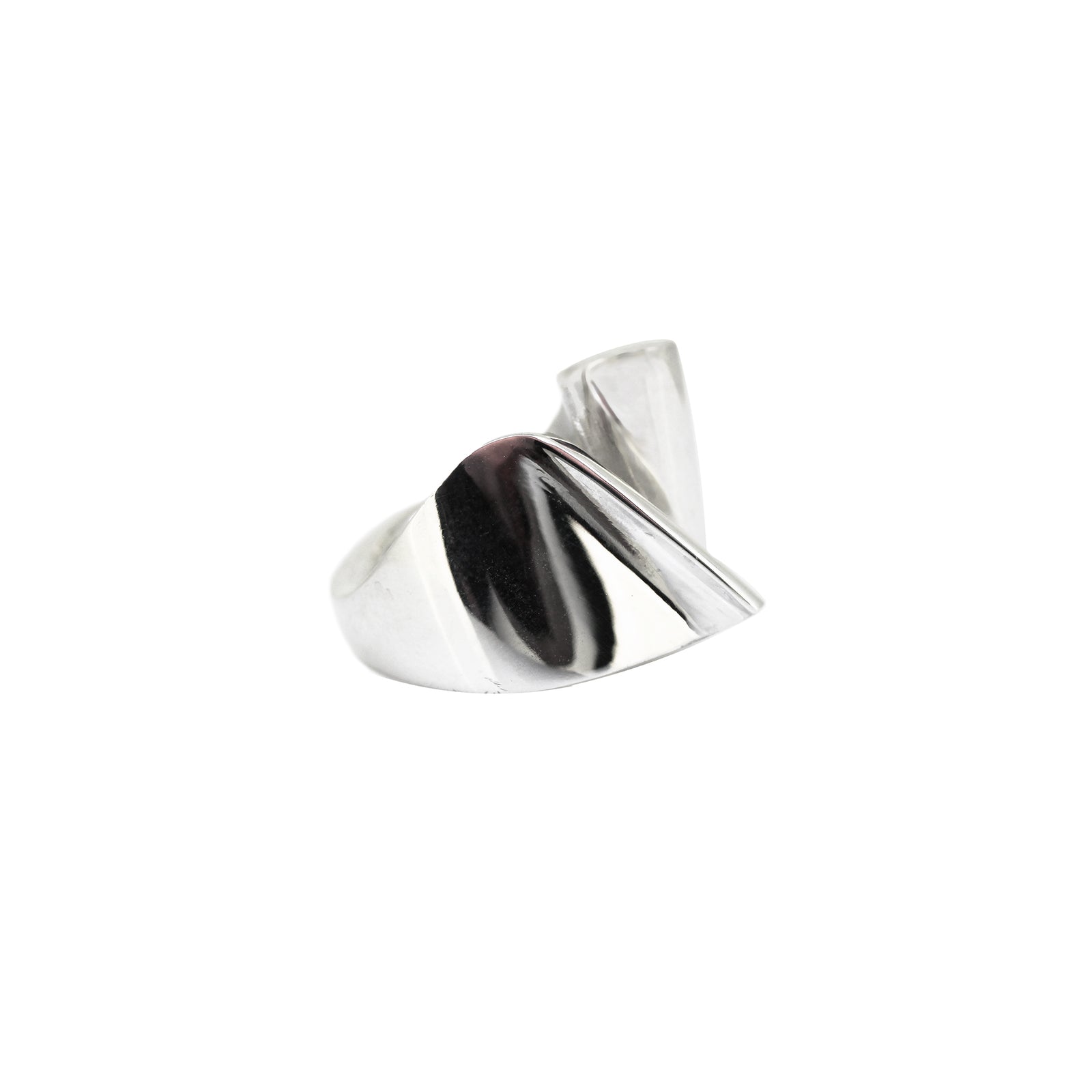 A highly polished silver open sling ring with a sleek, modern design.
