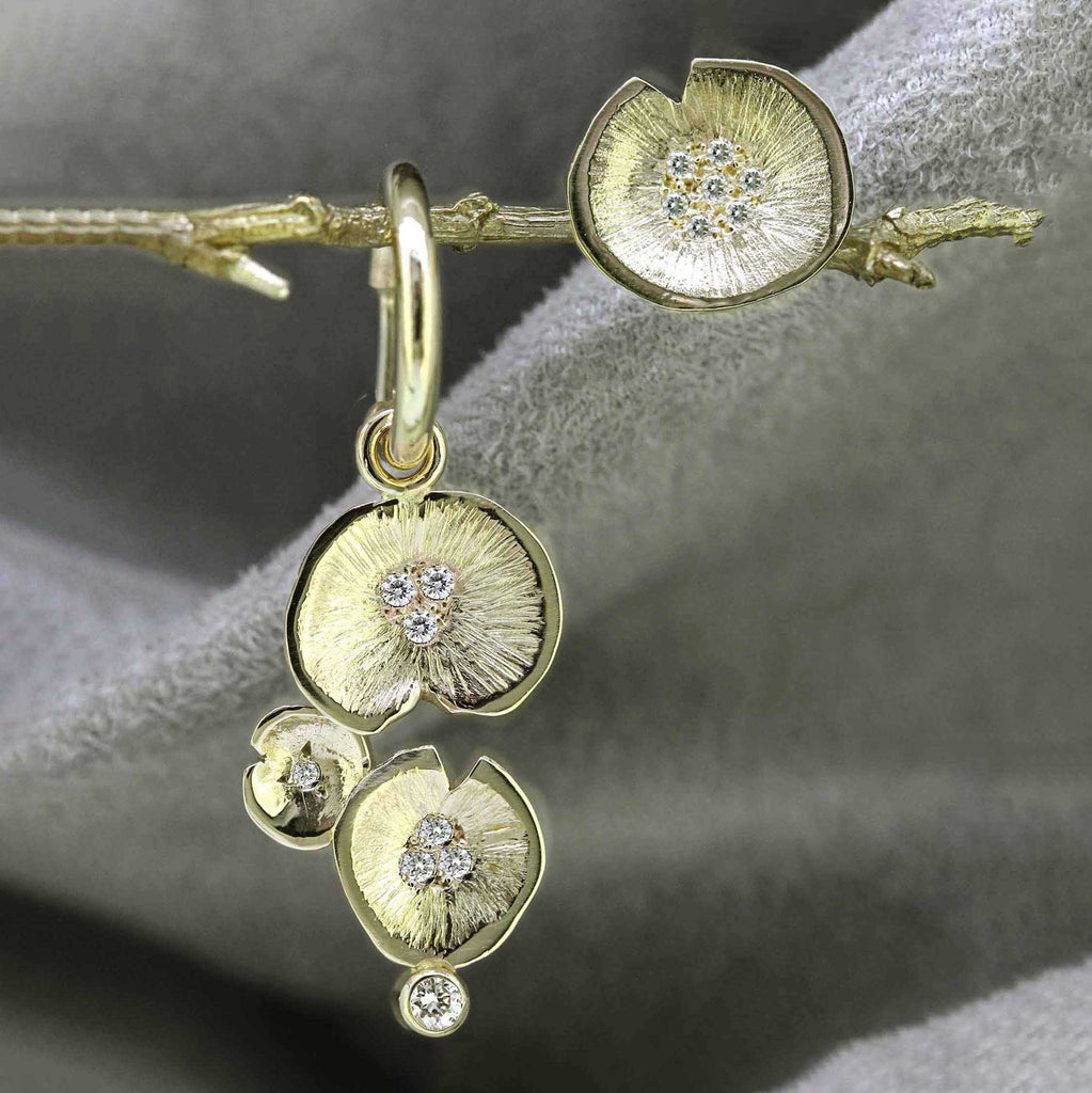 asymmetrical  Twilight Lily Pad gold and diamond earrings